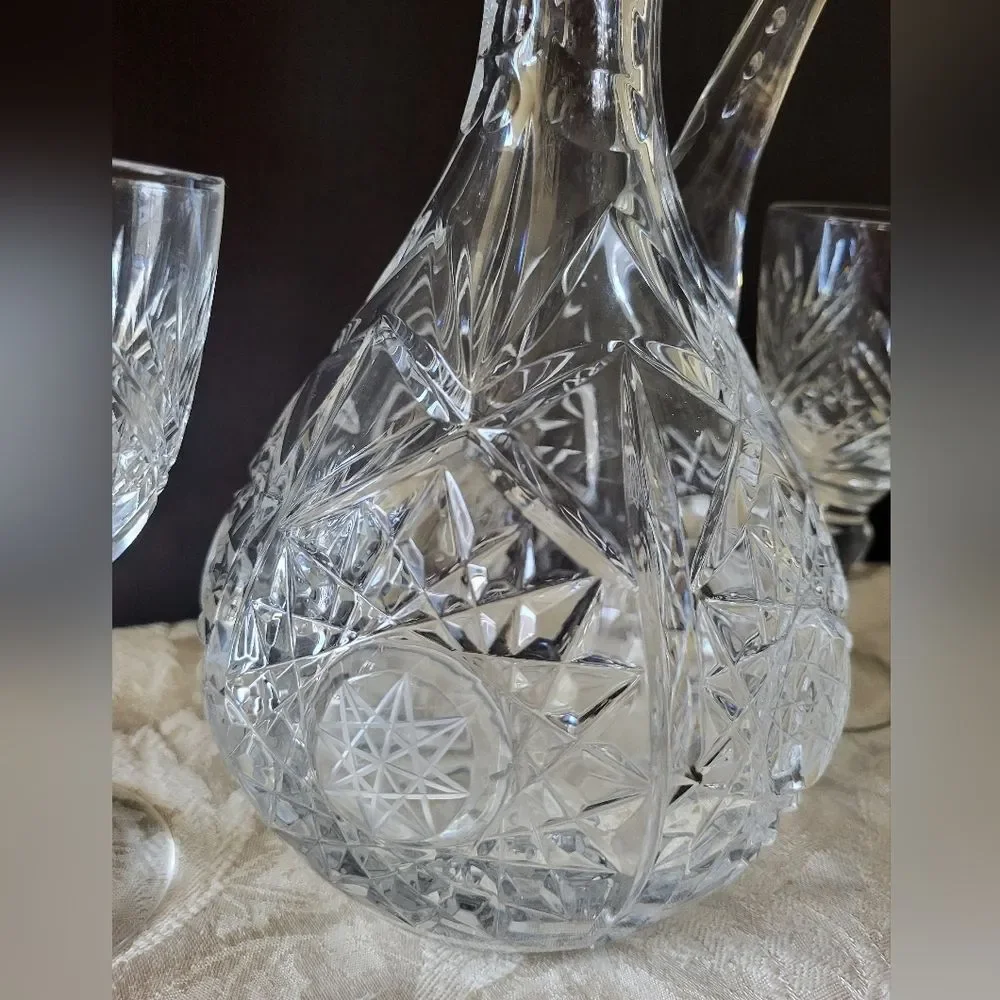 Vintage Cut Crystal Decanter with Stopper & Webb England Crystal Cordial Glasses